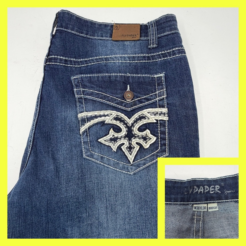 Flypaper Jeans Mens 38x30 Bootcut Blue Distressed Embroidered Wing Pocket Y2K